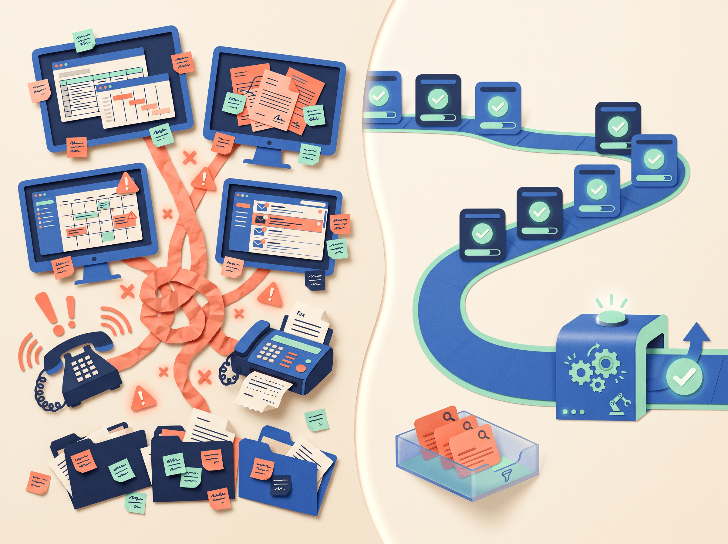 A split view of a messy manual prior authorization process and a clear automated workflow