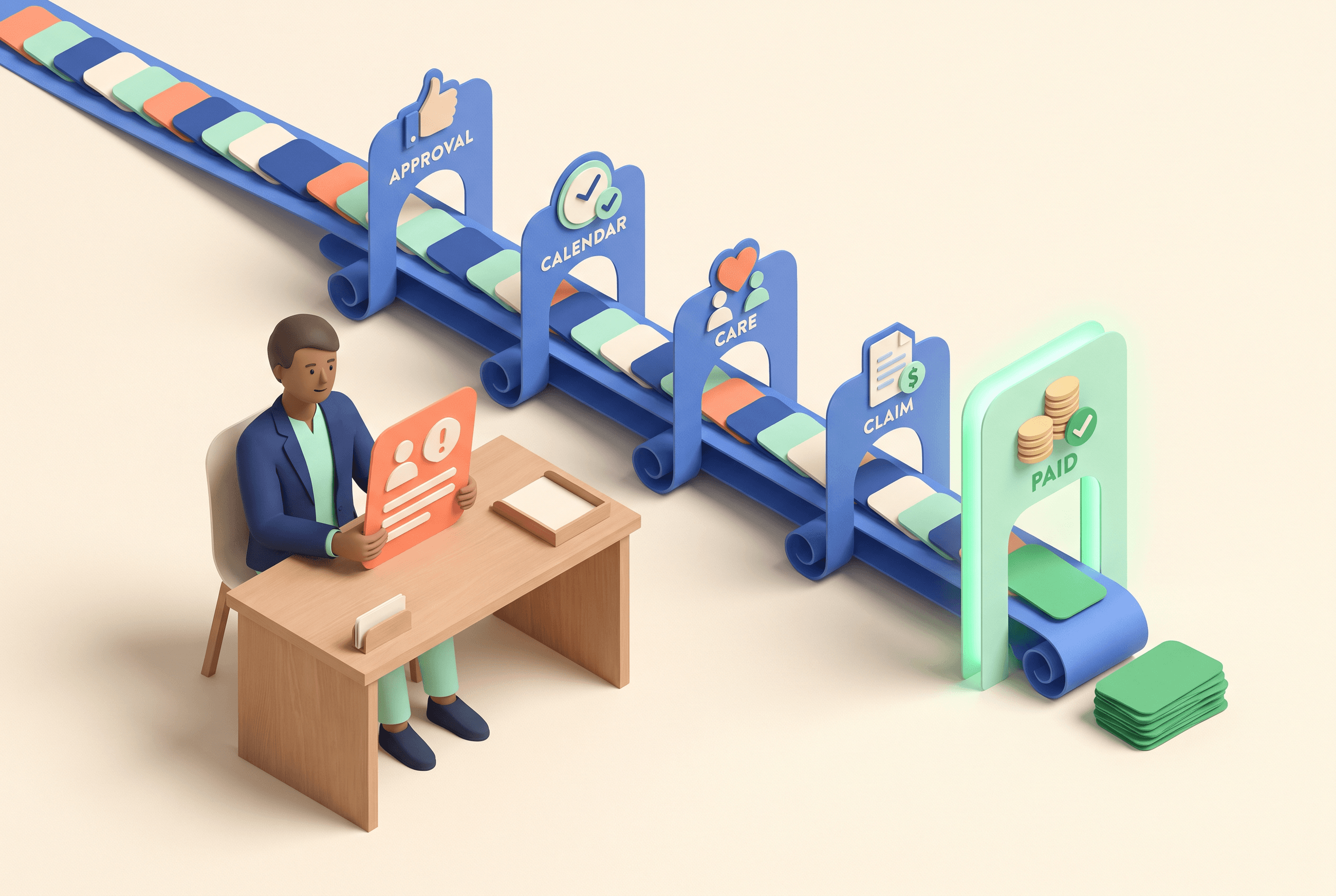 A prior authorization worker reviewing one exception while other cases move through approval, scheduling, care, claim, and payment