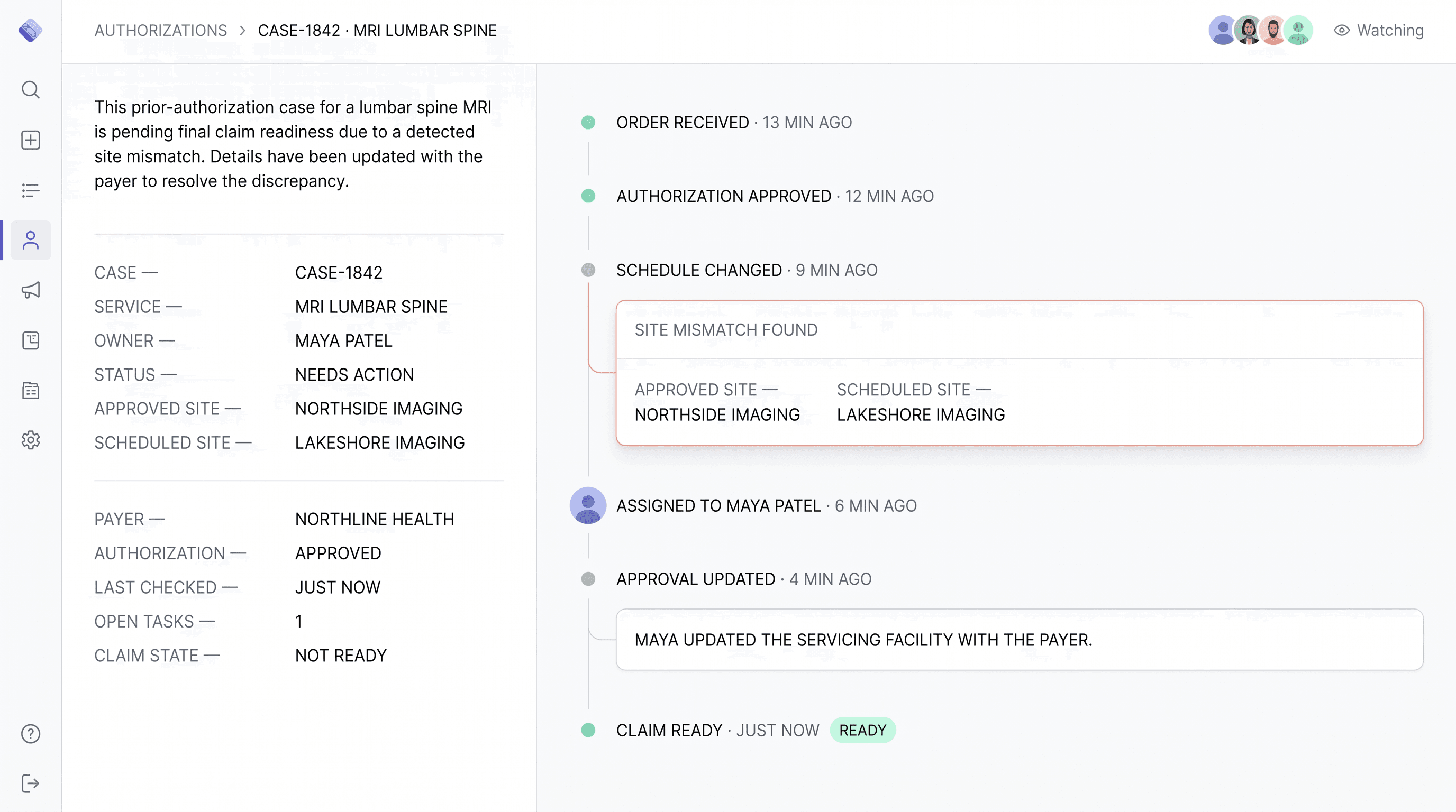One anonymous authorization case progressing from order and approval through a caught site mismatch, assigned task, updated approval, and claim-ready state