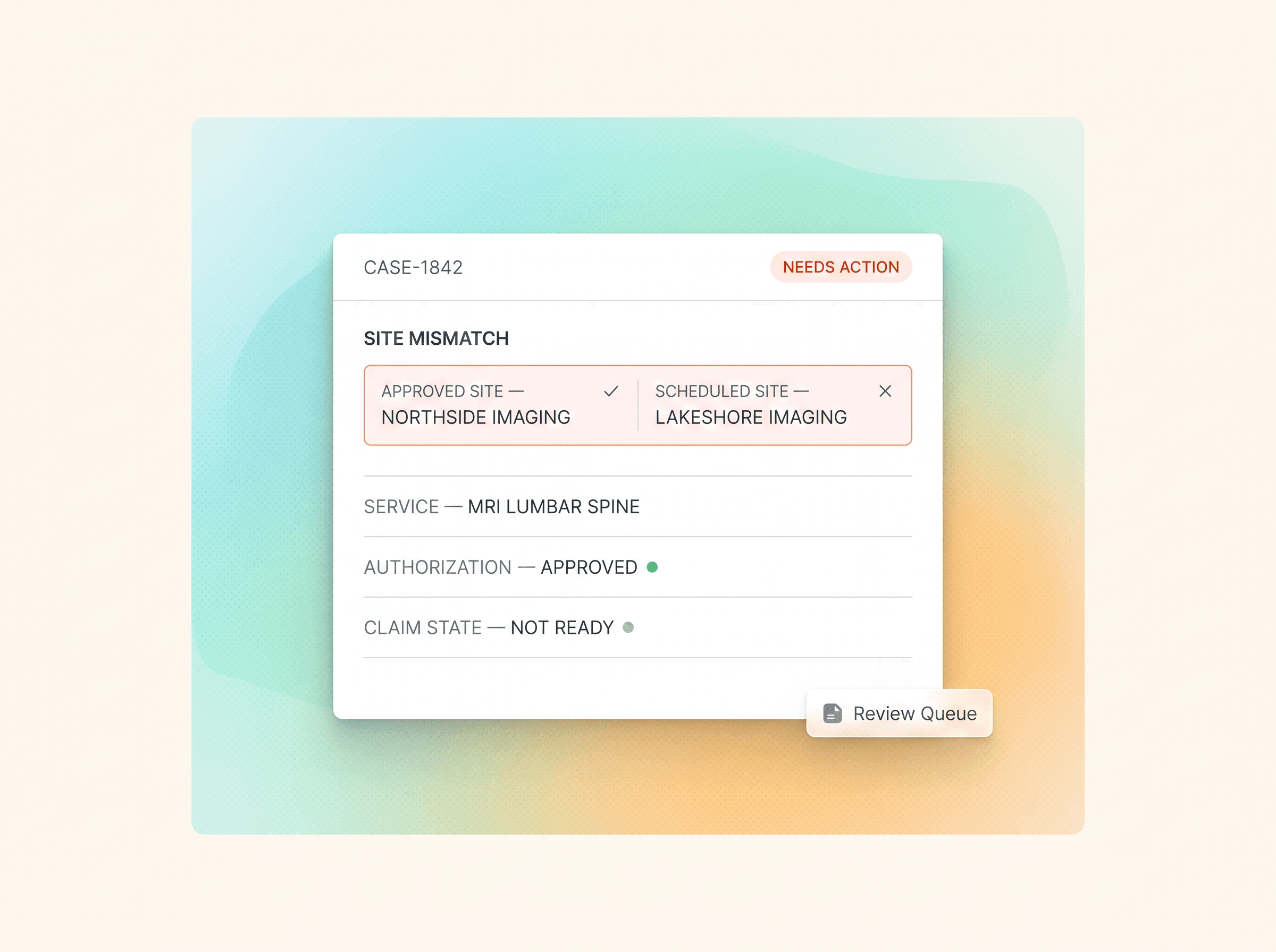 An authorization exception comparing the approved imaging site with the scheduled site