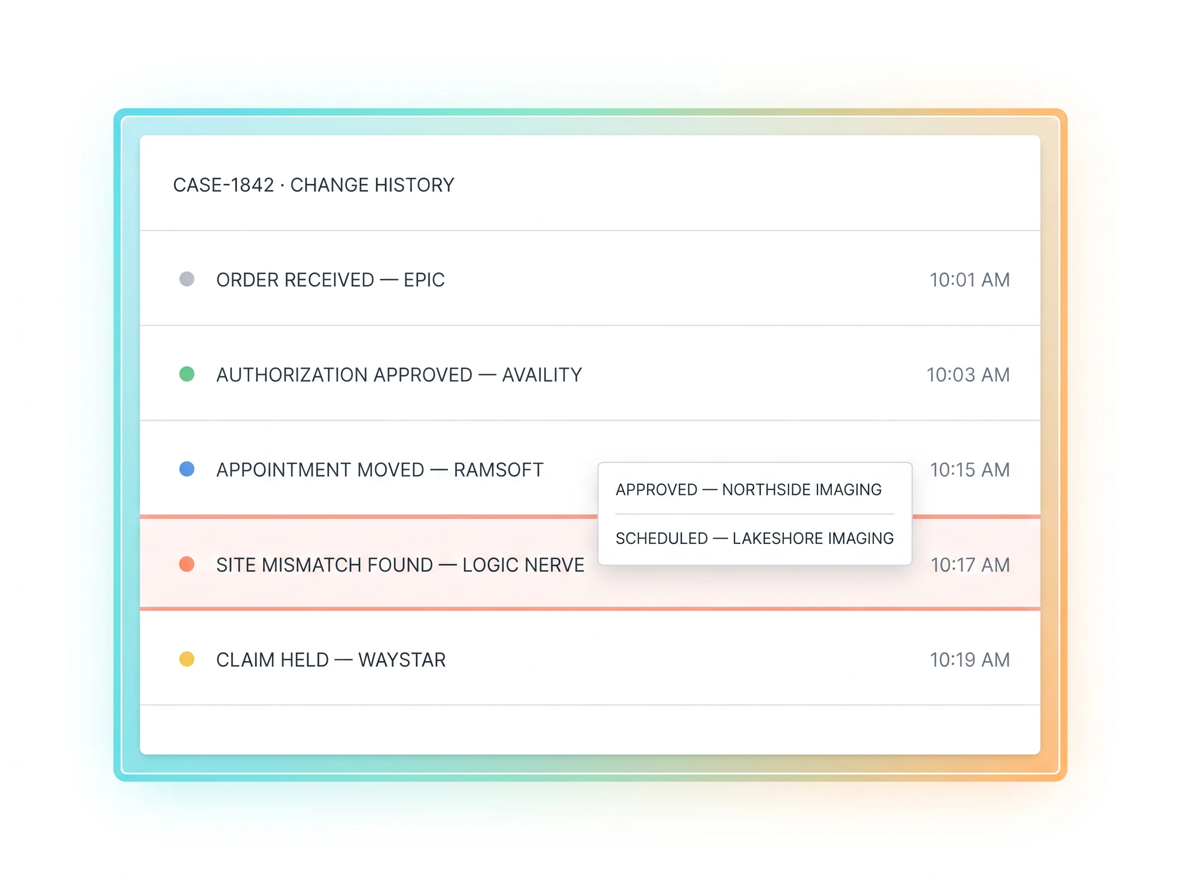 A prior authorization change history showing a schedule change, detected site mismatch, and held claim
