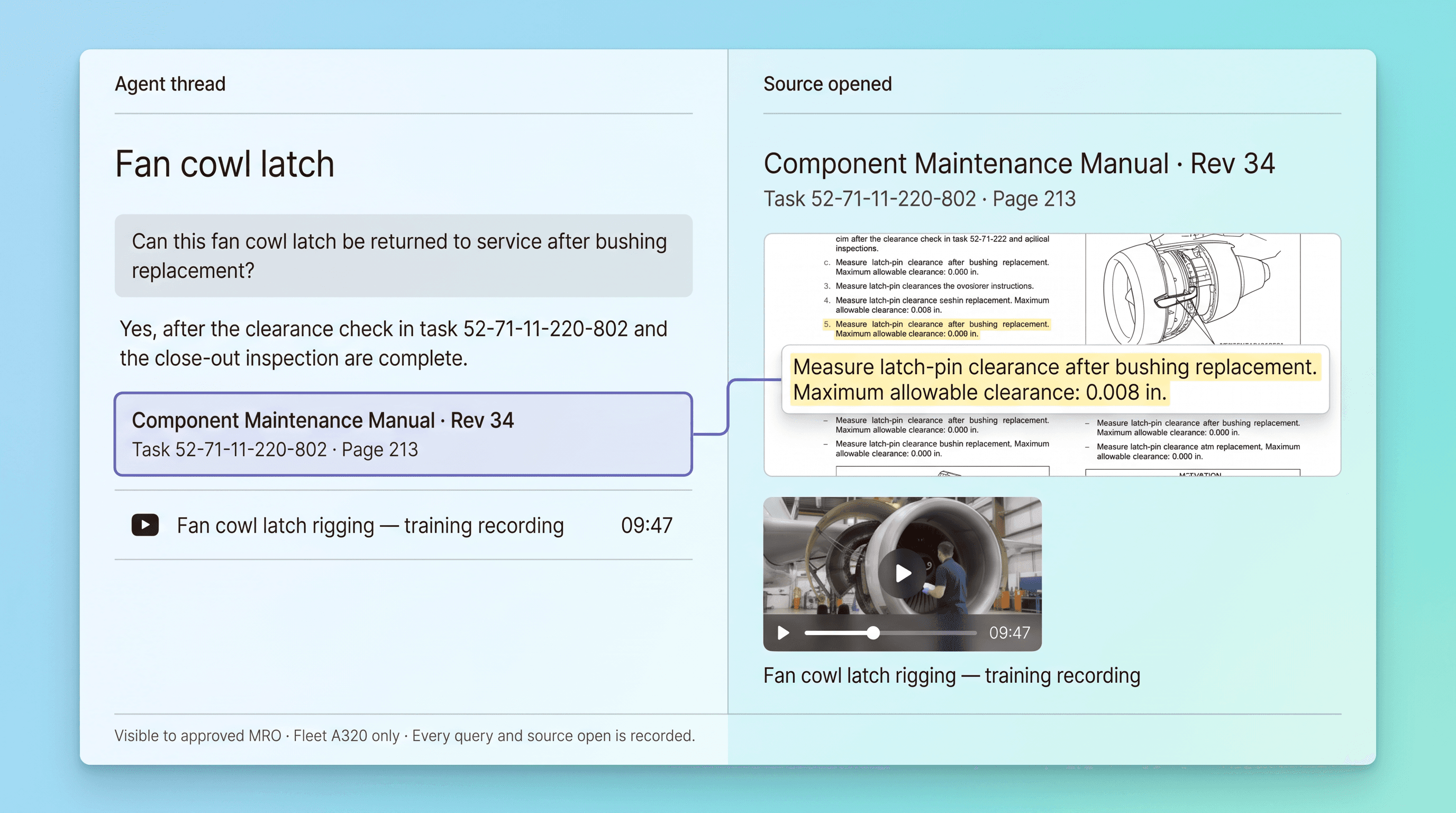 Aviation maintenance agent thread opening the cited CMM task, highlighted latch-clearance instruction, and training recording at 09:47.