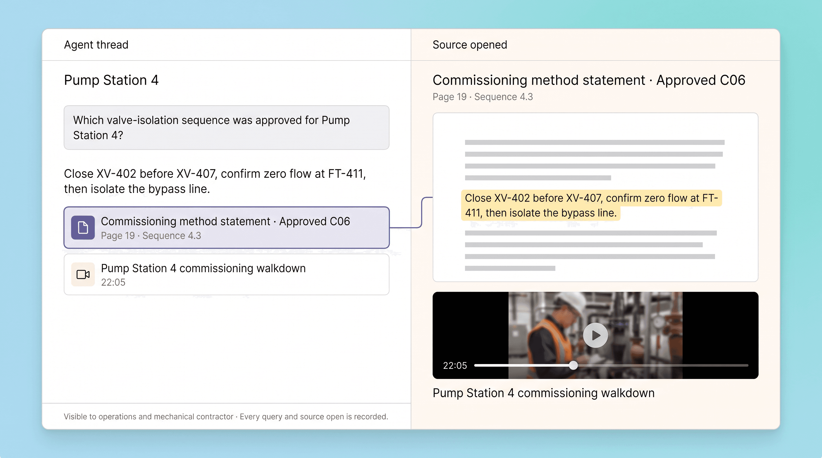 Capital-project agent thread opening the cited commissioning method statement, highlighted valve-isolation sequence, and walkdown video at 22:05.